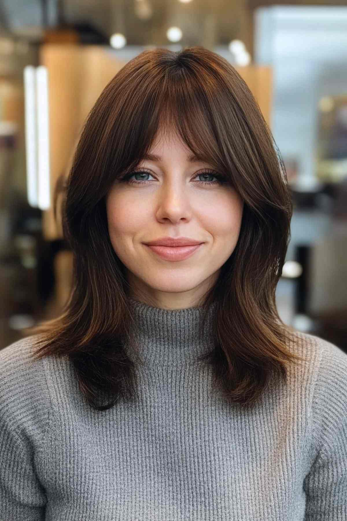 Classic kitty cut with feathered layers and soft bangs, dark brown hair