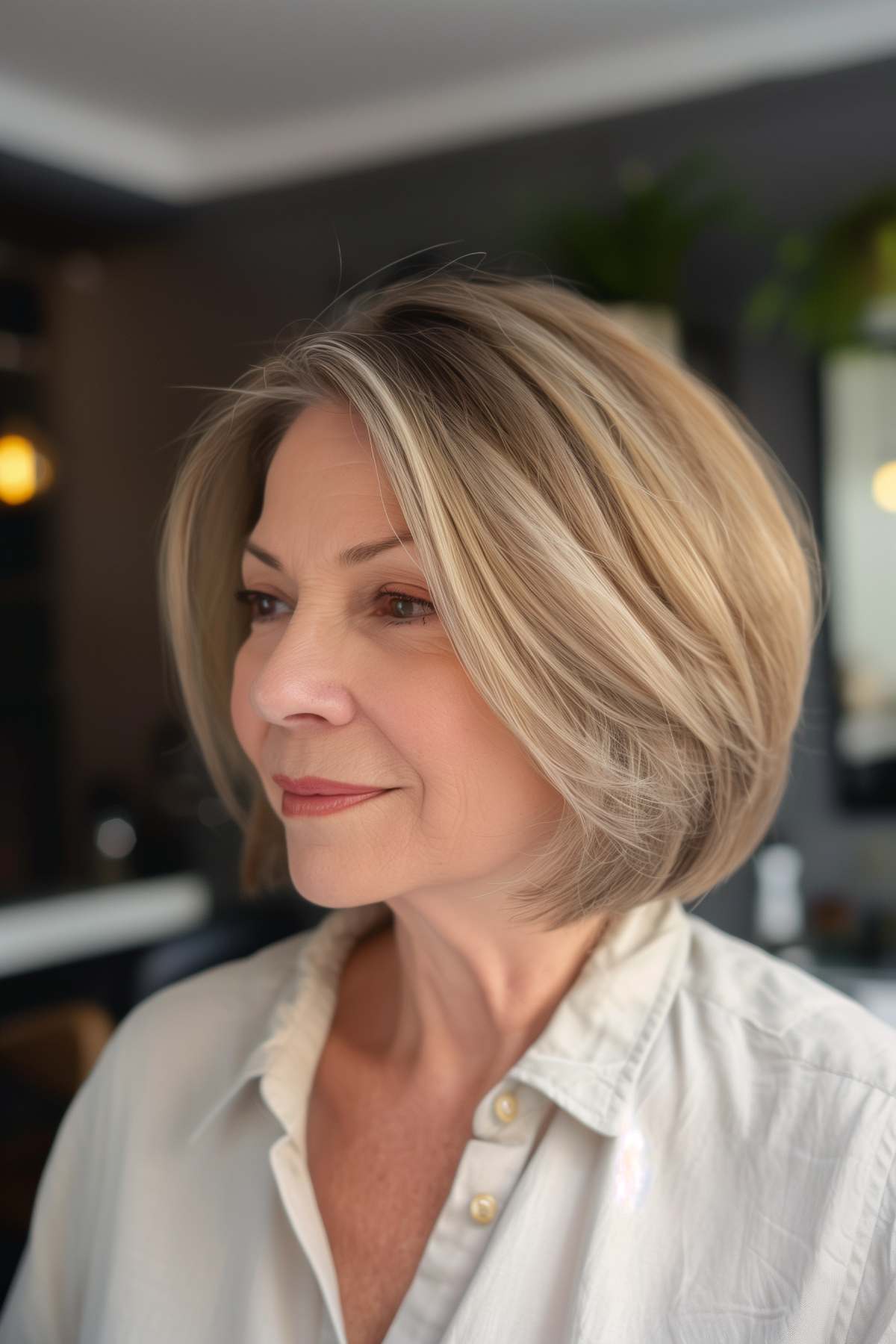 Classic layered bob hairstyle for women over 50 with thick hair