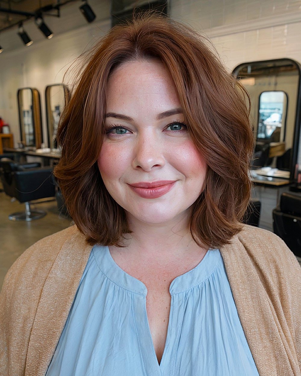Classic lob with bouncy layers and middle part for women over 40 with round faces