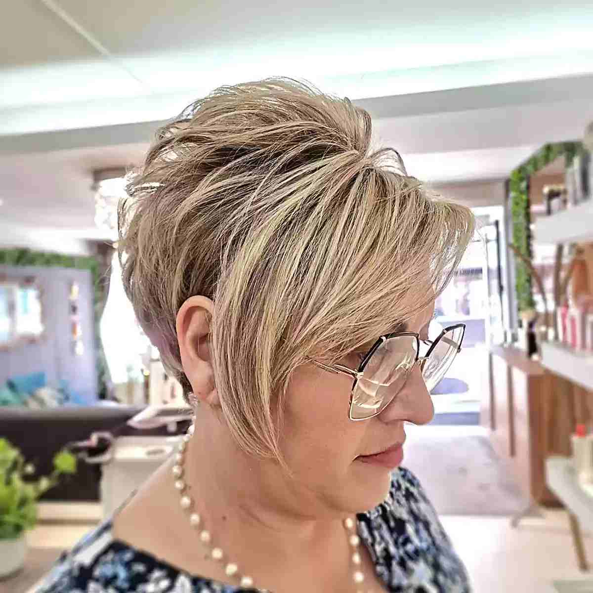 Classic Long Pixie Crop with Crown Layers and Long Fringe for Older Women with Specs