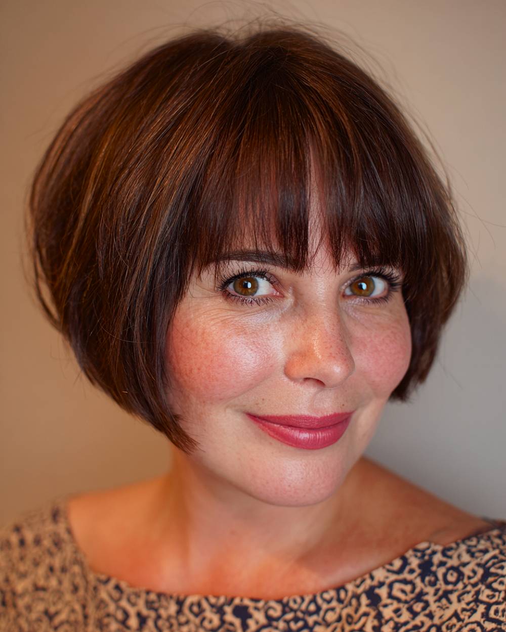 Classic rounded bob with bangs and subtle layers on short straight brunette hair