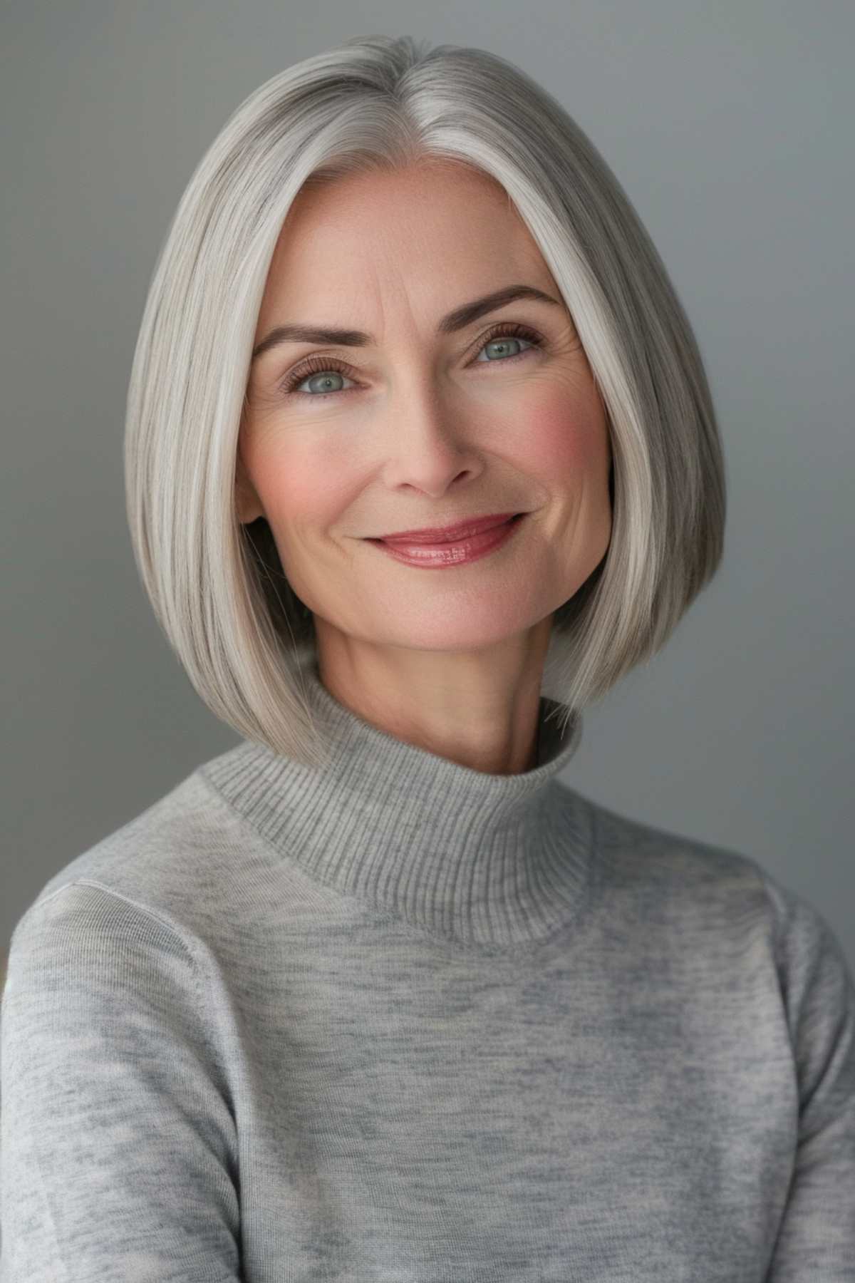 Woman with a classic silver bob haircut, chin-length, middle part