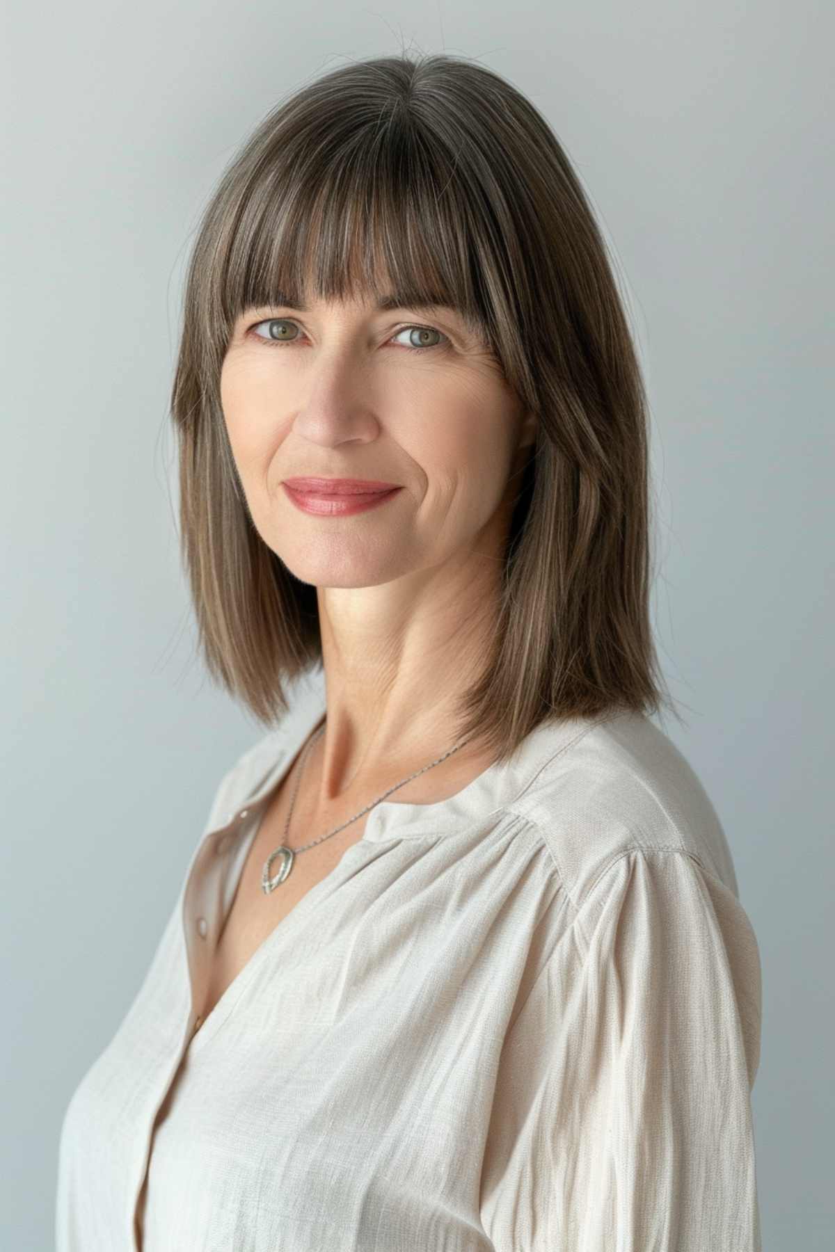 Woman with a classic straight bob haircut with bangs, shoulder-length, straight hair