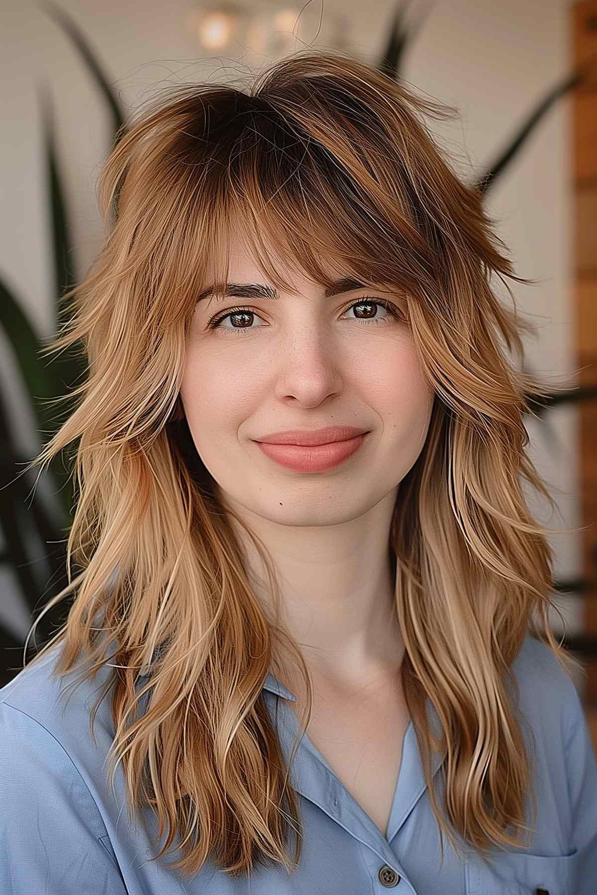 Close-up of a woman with a classic wolf cut on straight hair, featuring textured layers and longer bangs.