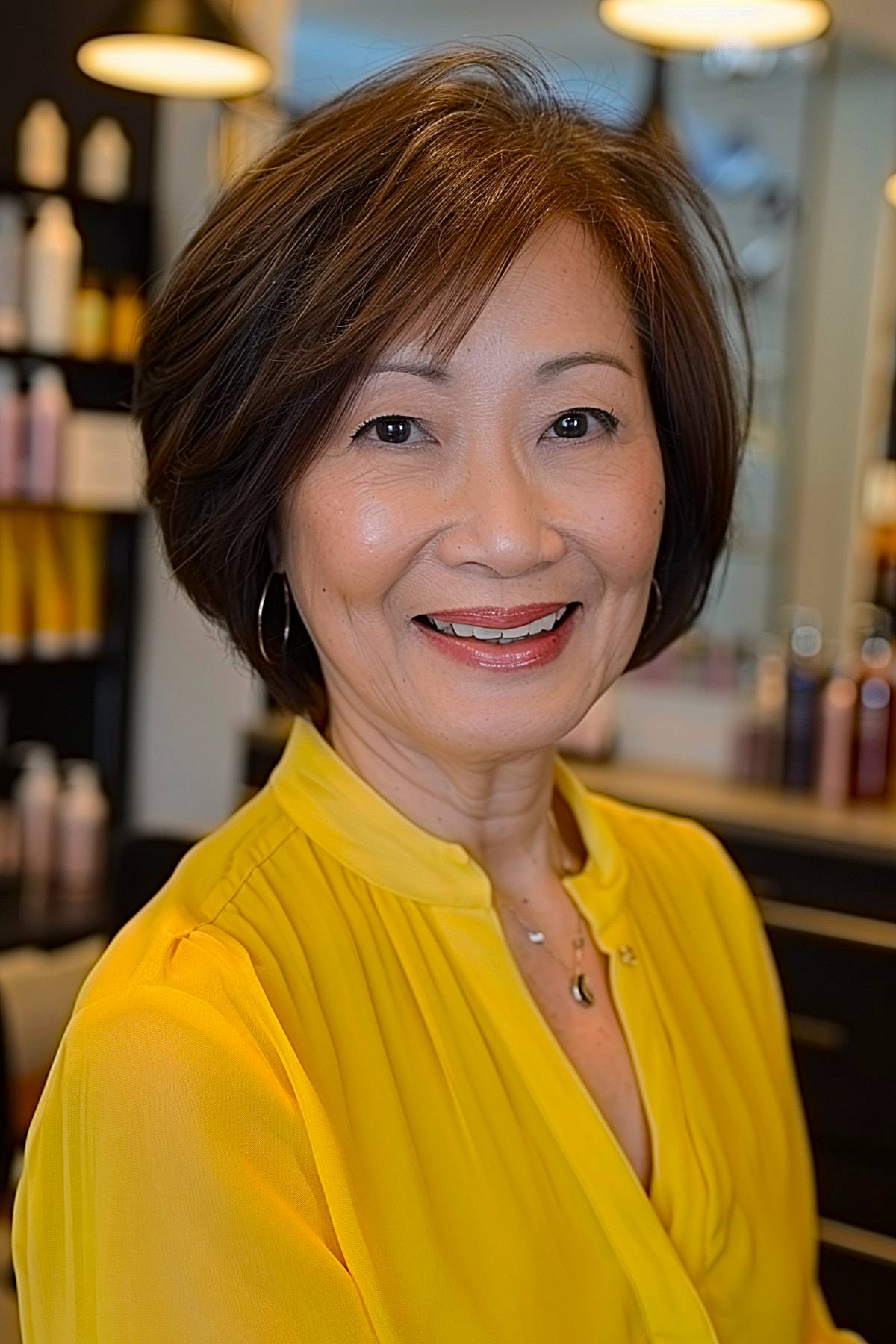 Rounded bob hairstyle for older Asian moms with soft layers