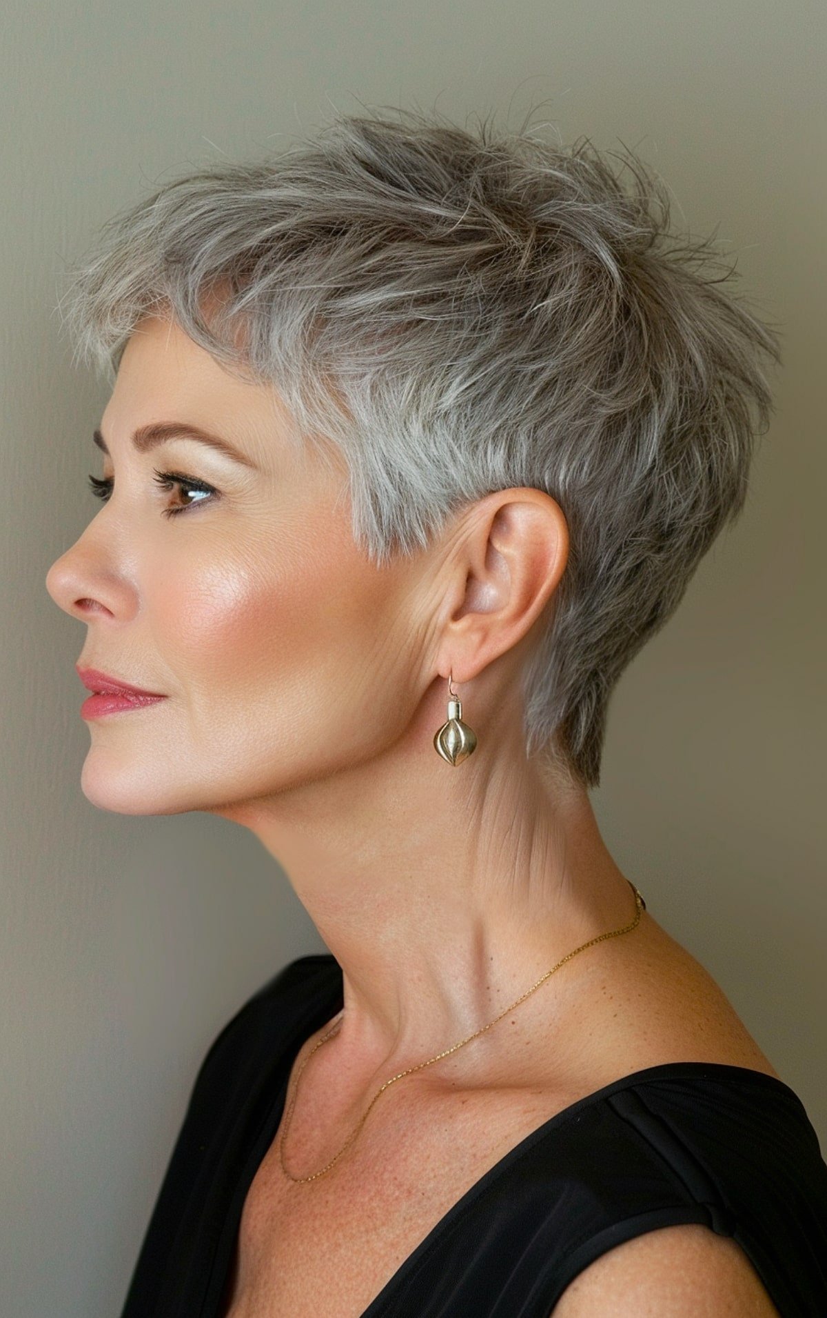 Short, textured grey hairstyle with soft layers for older women