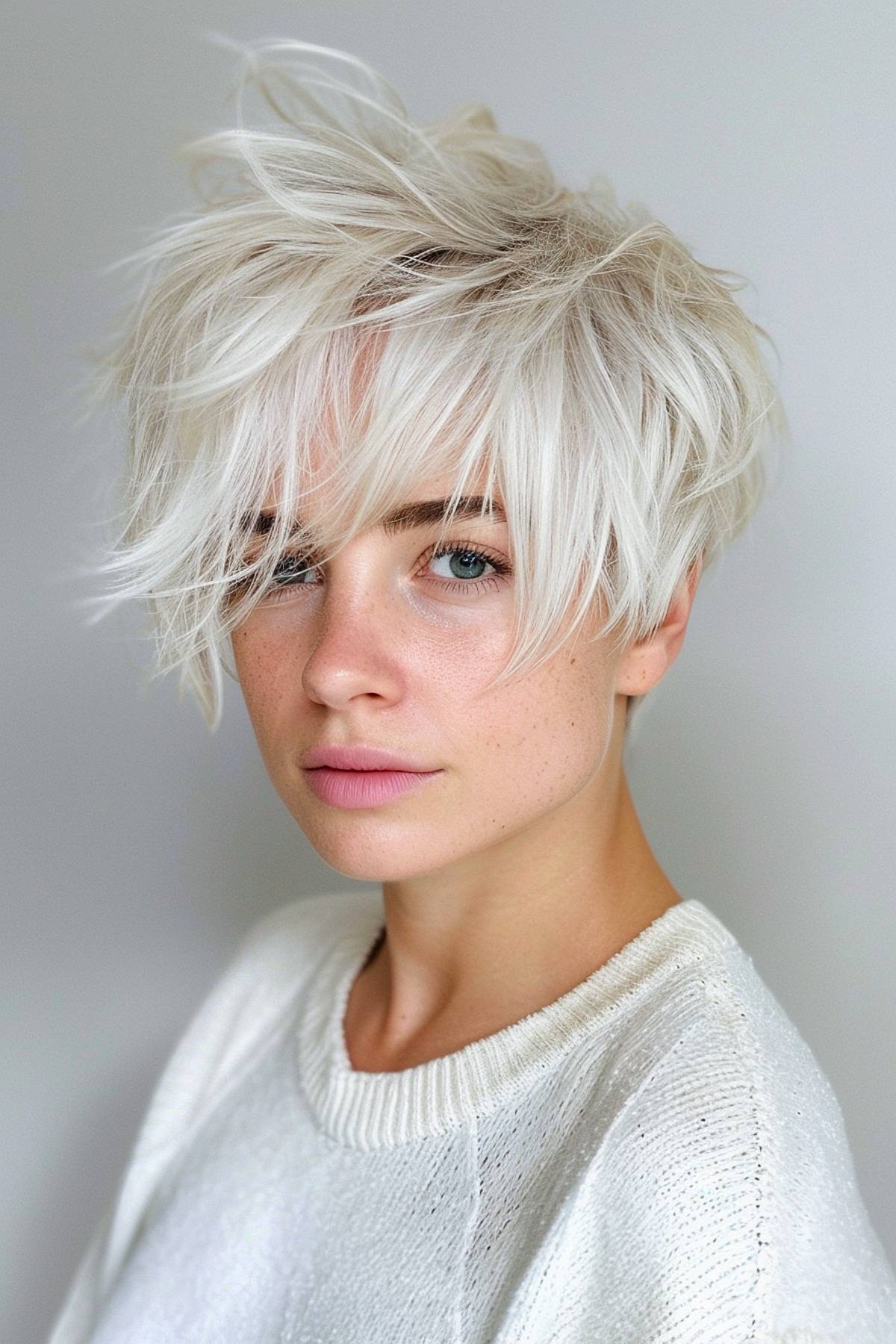 Textured pixie cut with platinum blonde tones