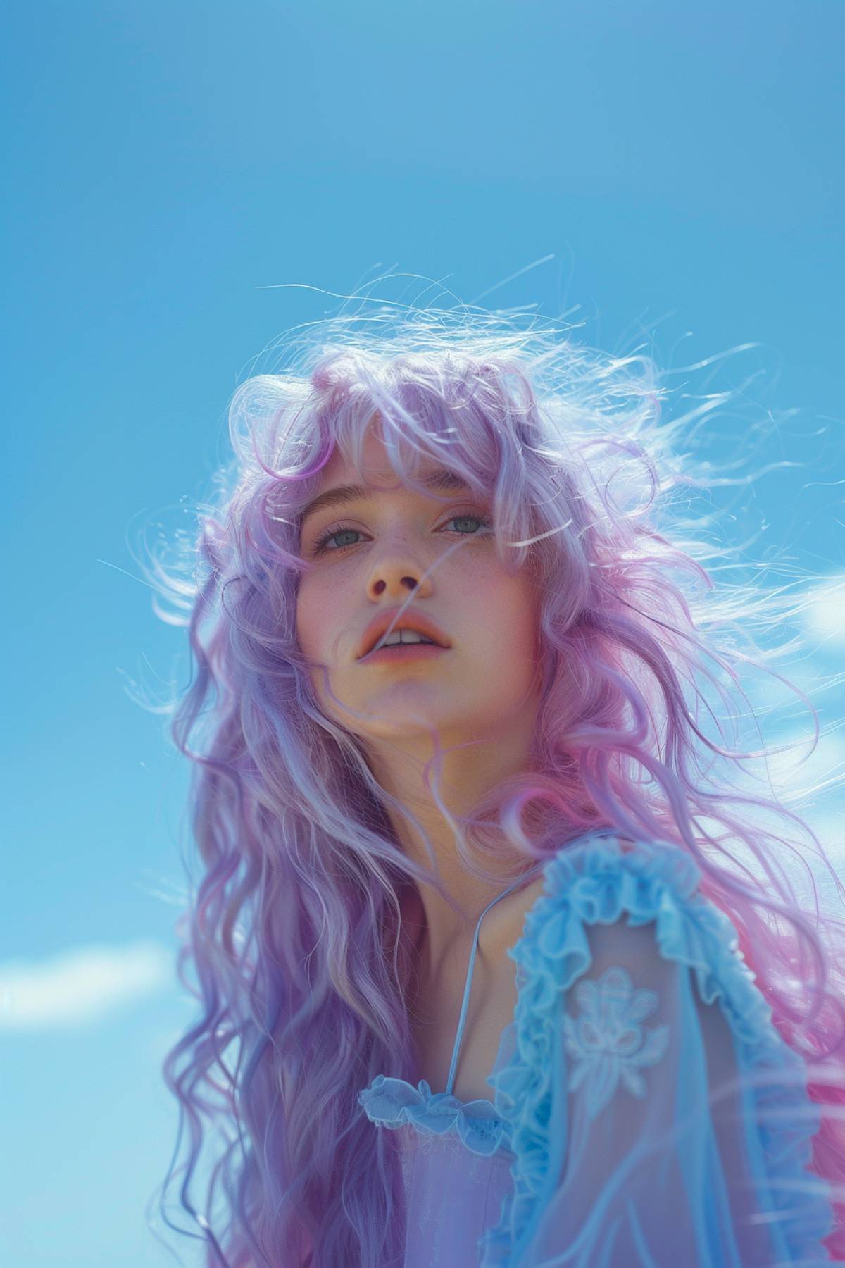 Pastel lavender and pink waves on long hair