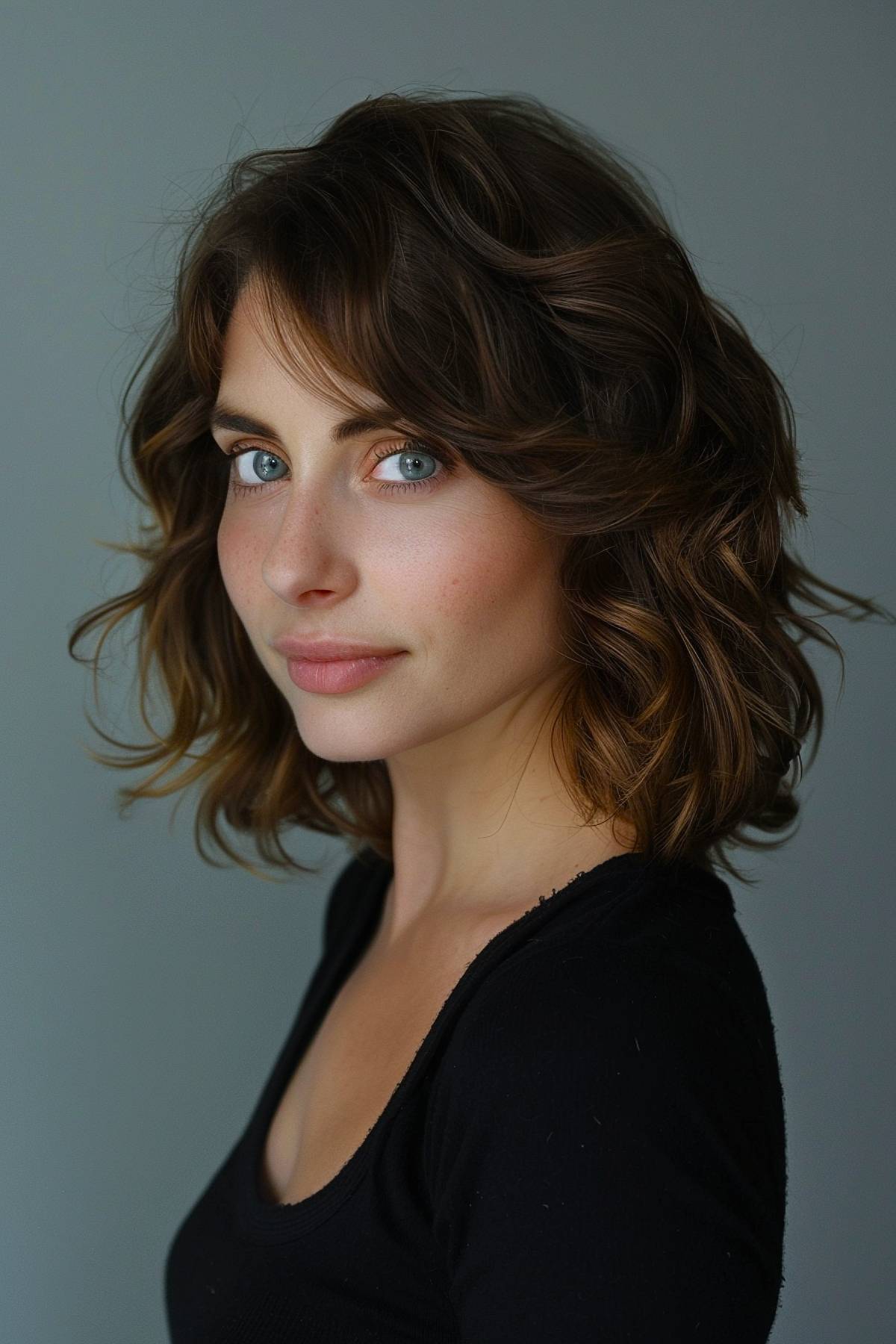 Shoulder-length layered cut with soft curls for fine hair