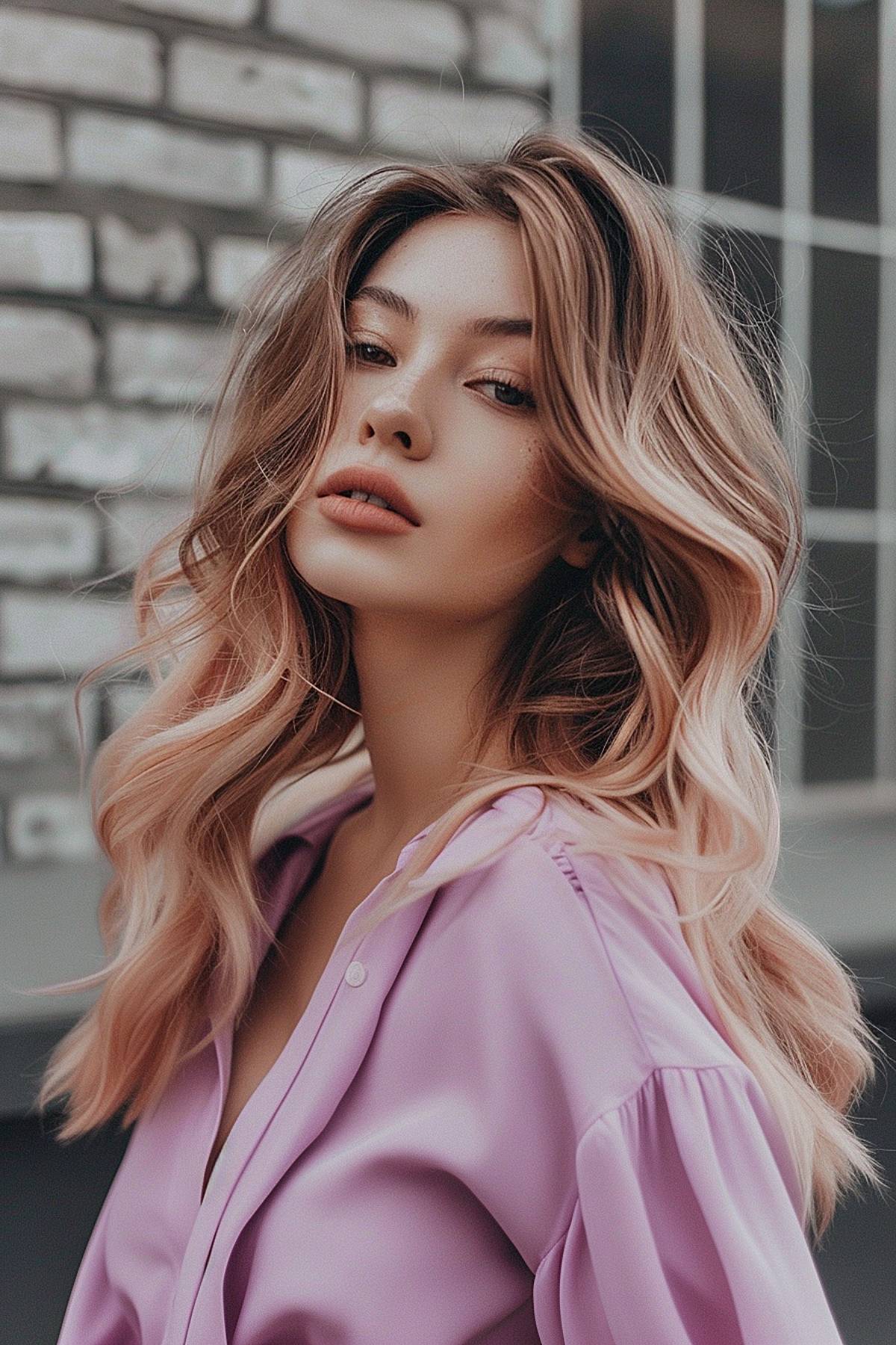 Rose-gold waves with long layers for dimension