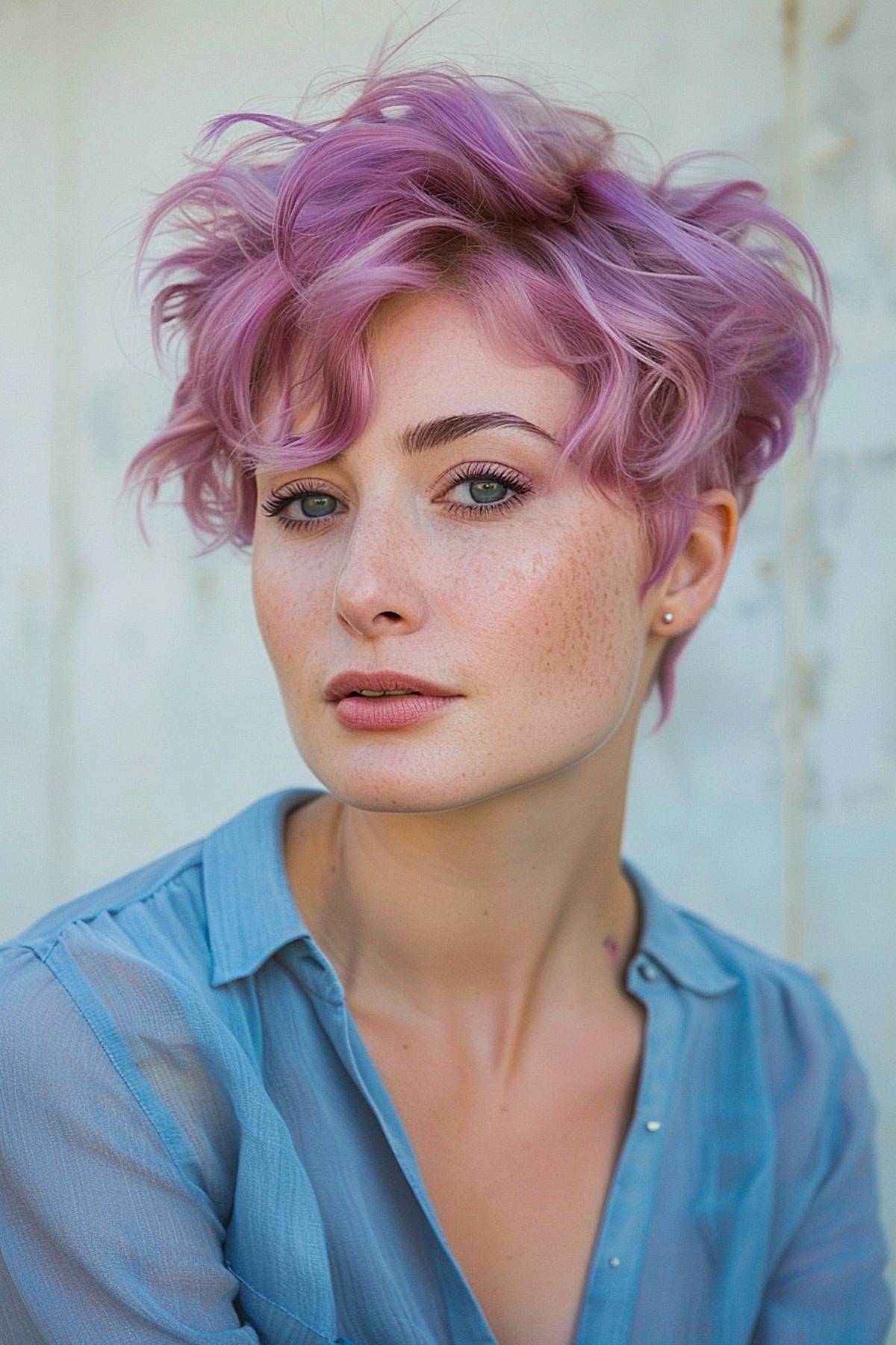 Pastel lavender pixie cut with soft curls and texture