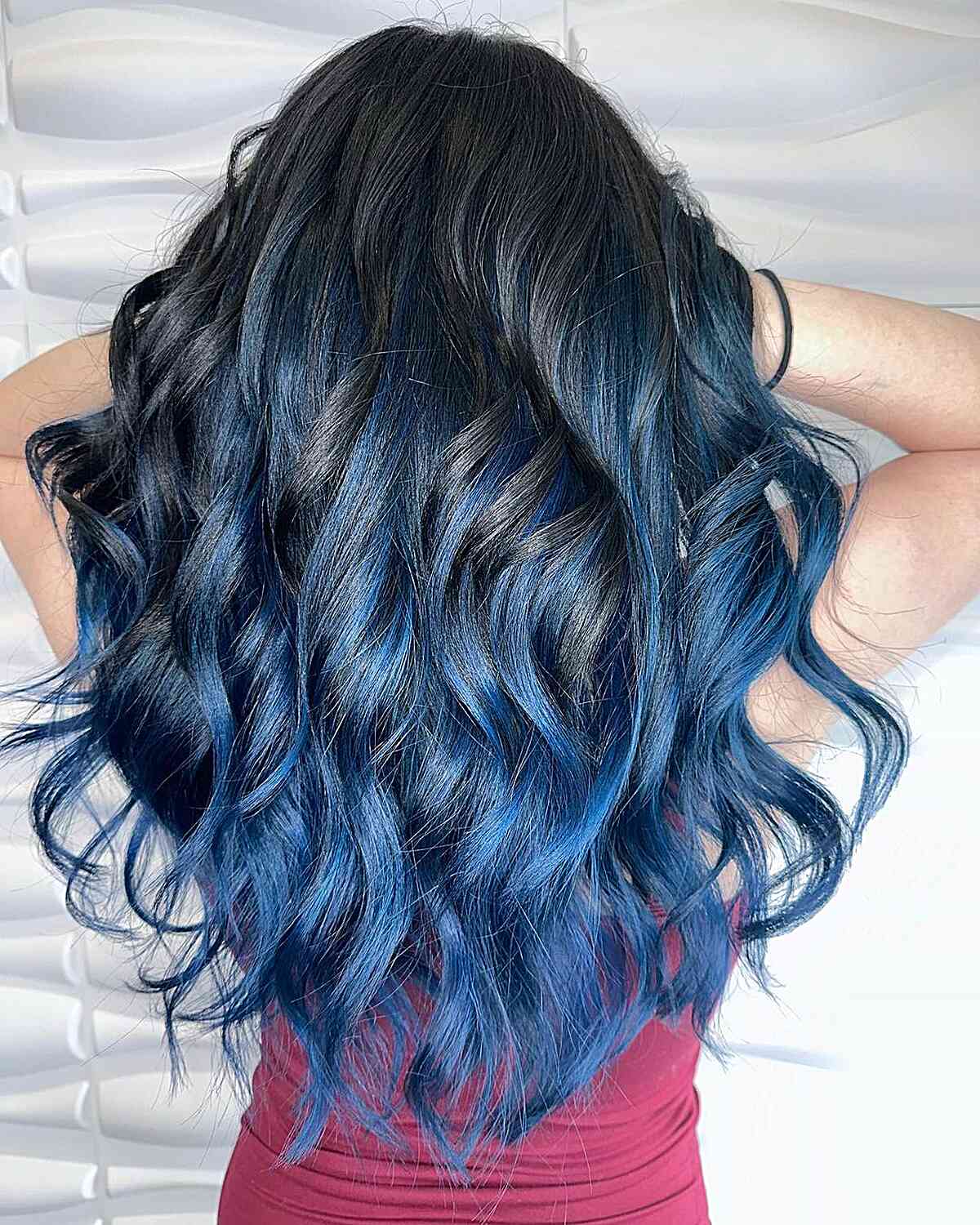 Cobalt Blue Balayage with Black Roots for Long Layers and Waves