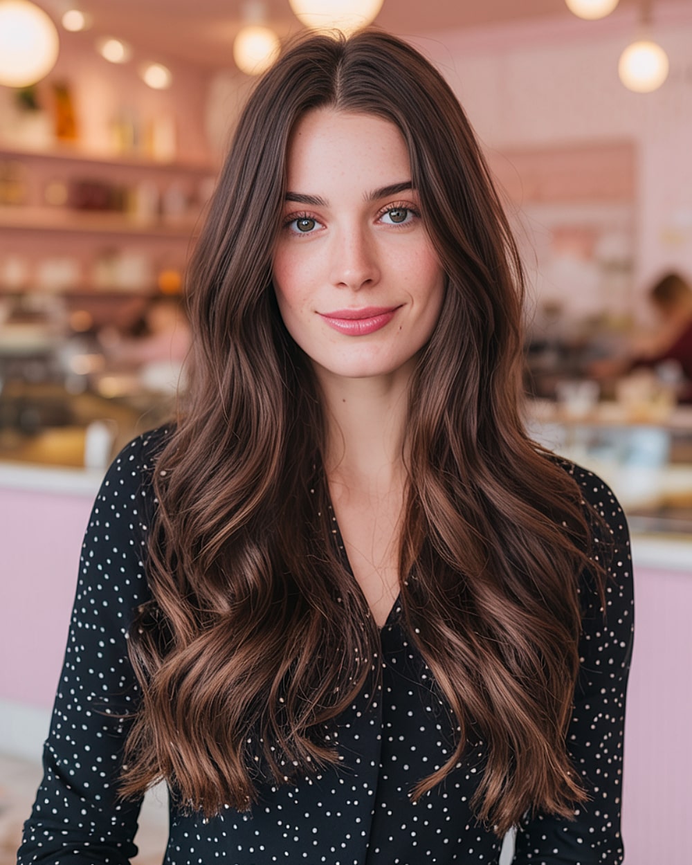 Long brunette wavy hairstyle with blended cocoa brown layers and soft texture