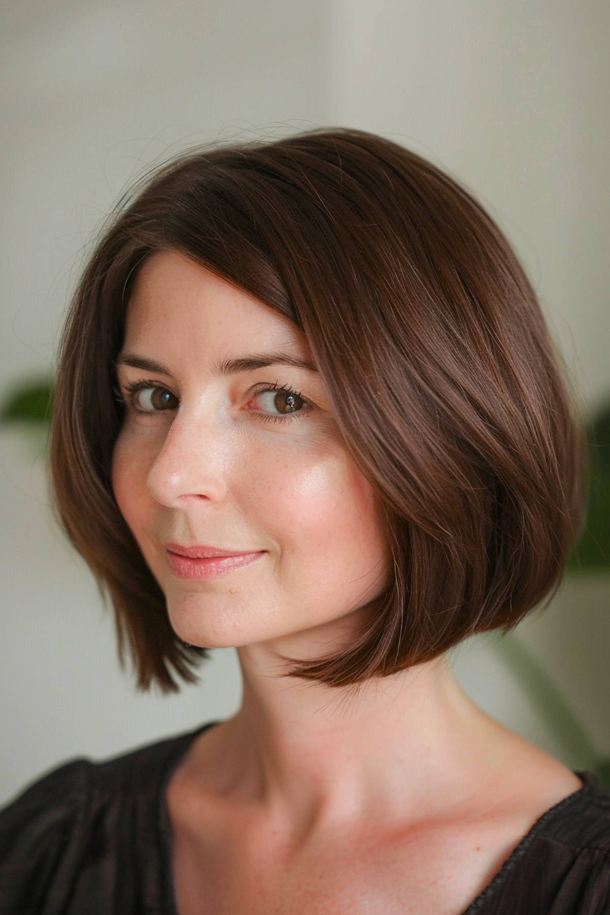 Cocoa brown hair color with sleek short bob