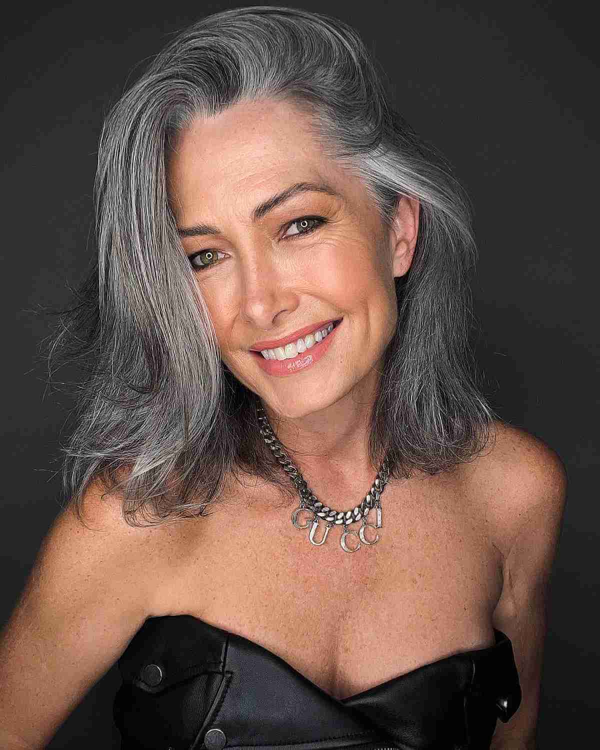 Collarbone-Length Cut on Salt and Pepper Hair for Women 50 and Up