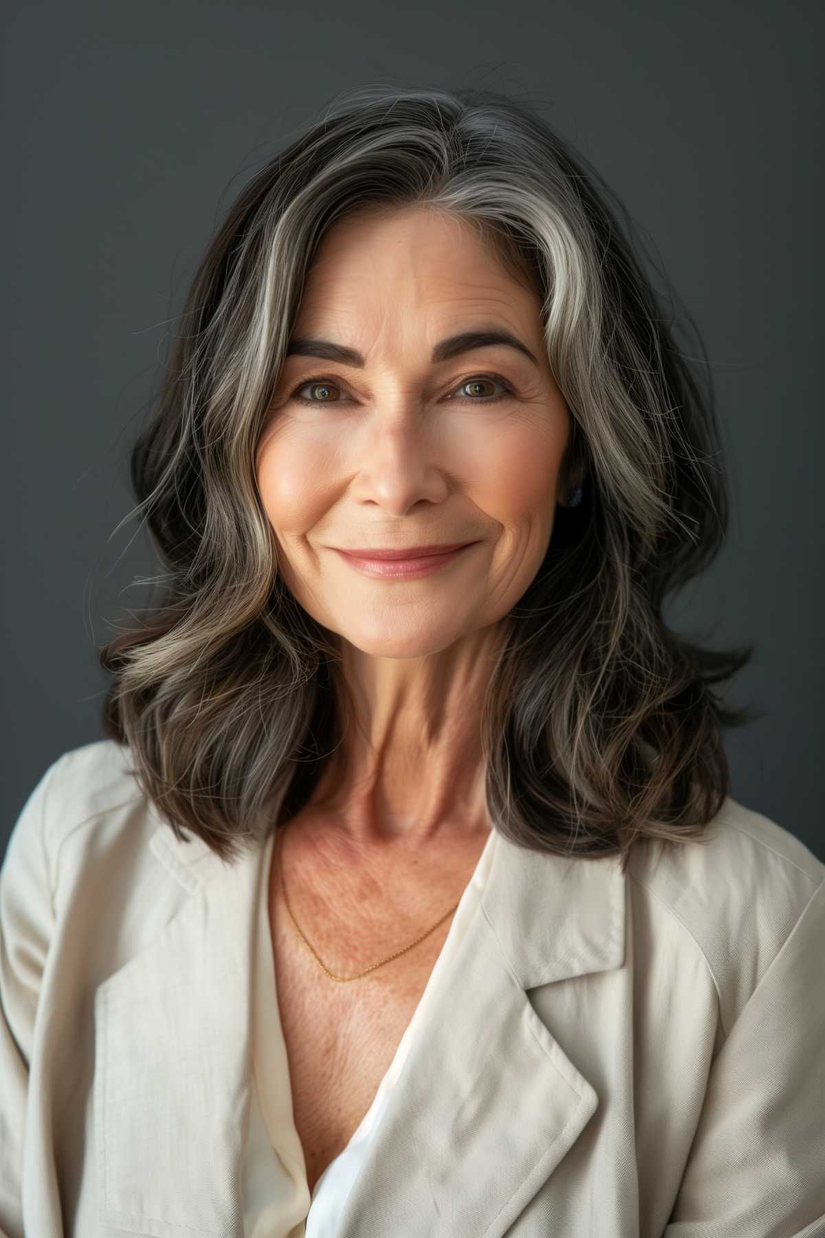 Collarbone-length wavy bob with natural grey hair on a woman