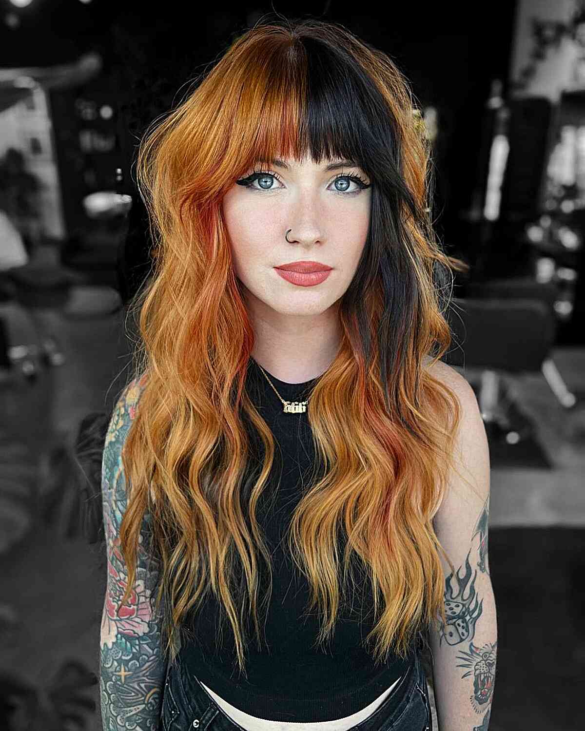 Color Blocked Red and Black Hair Color Idea