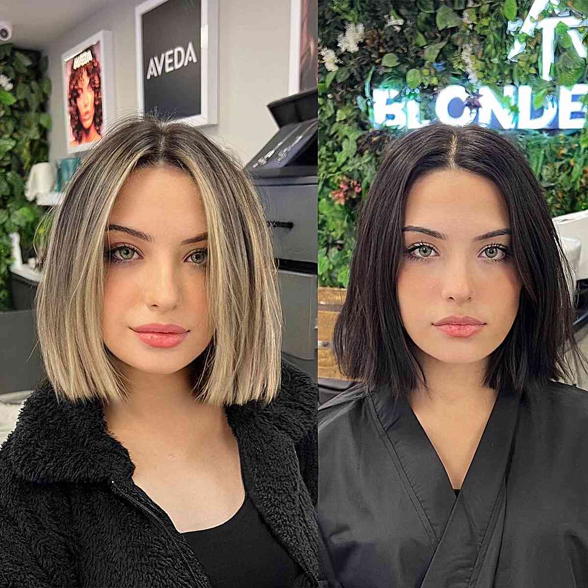 Color melted bob with a center part for women with an above the shoulder blunt cut