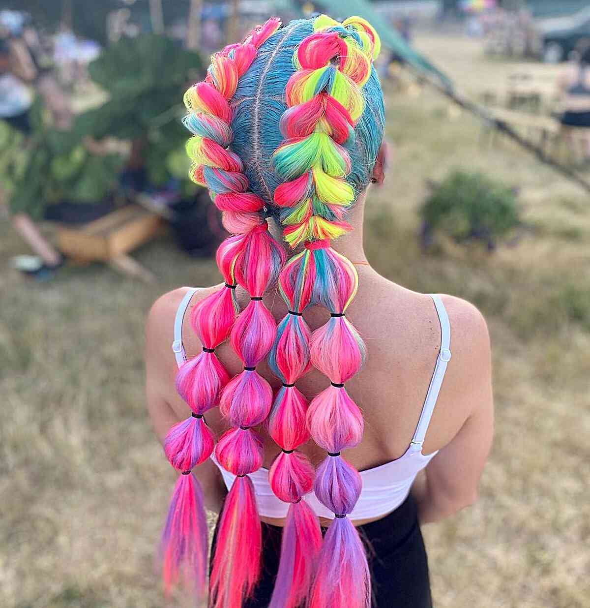 Long Colored Rave Pull-Through Braids and Bubble Plaits