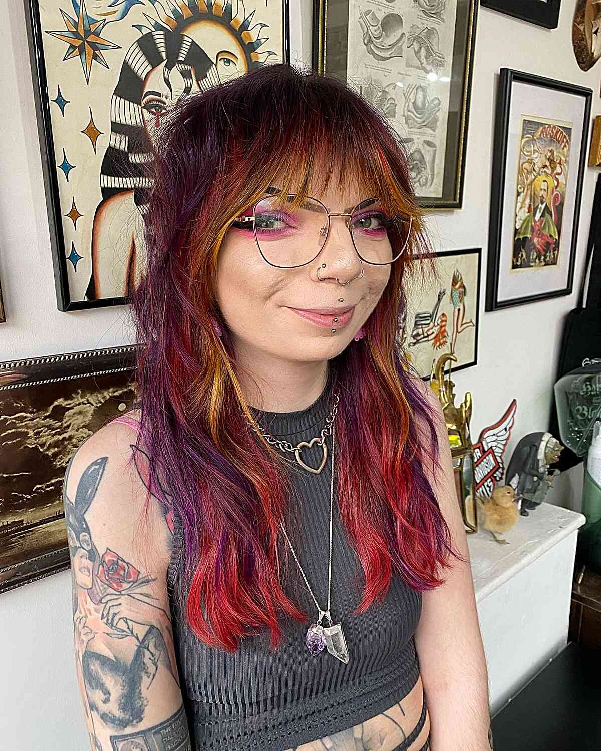 Long Colorful Disco Shag with Textured Bangs