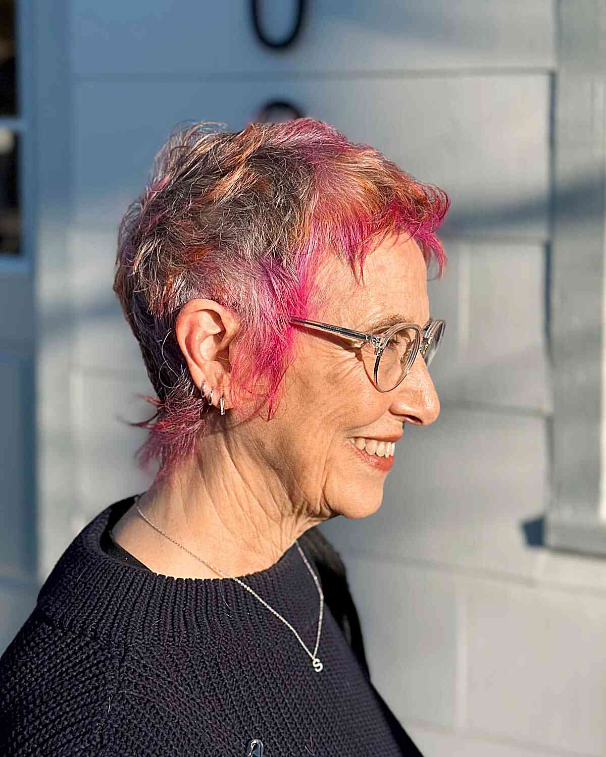 Colorful Tapered Shaggy Pixie Mullet on women aged 60s and up with glasses