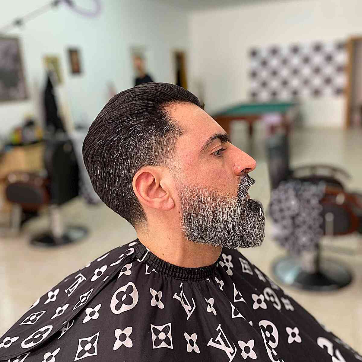 Combed Back with Low Tapered Fade and Beard on mature men with straight hair