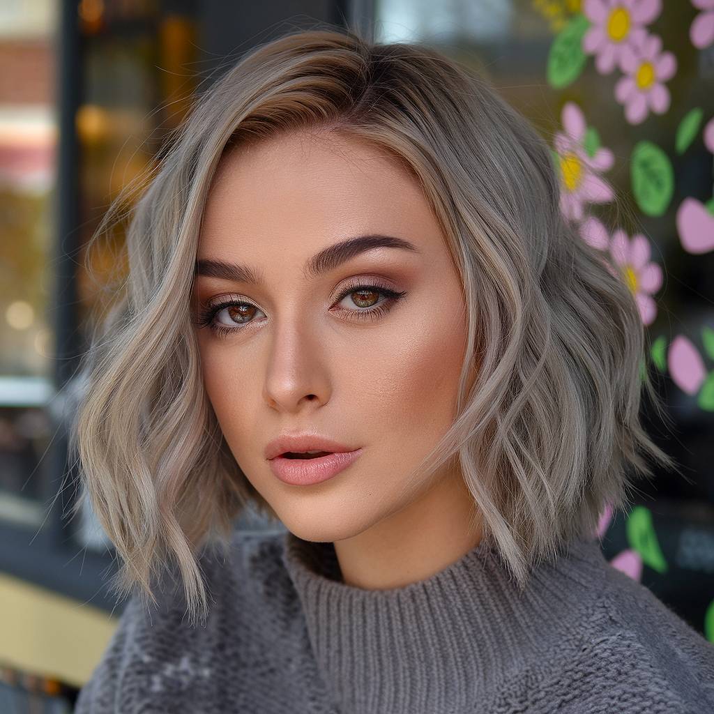 Chic wavy ash blonde bob with textured layers, offering a modern and cool spring style