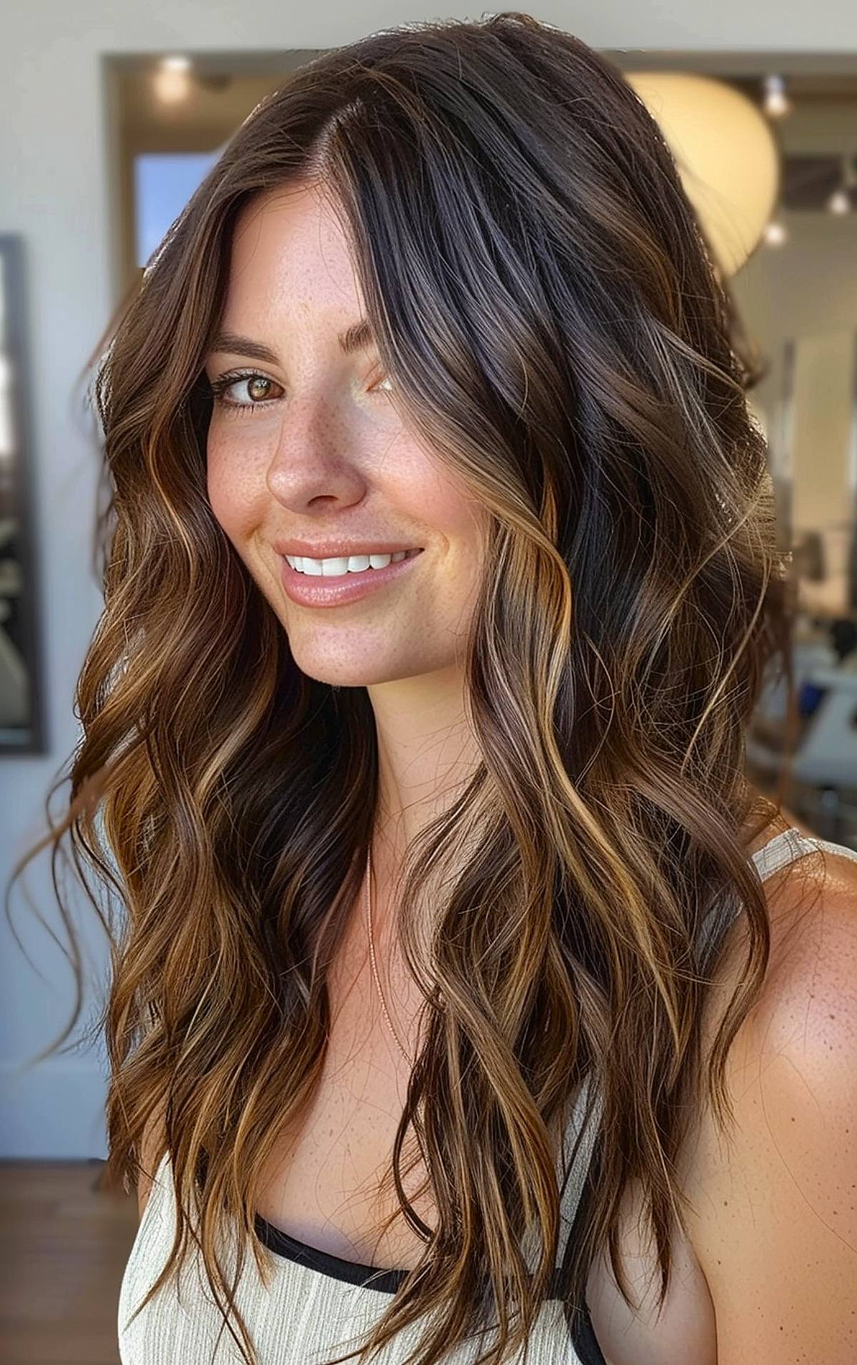 Wavy brown hair with cool brown highlights