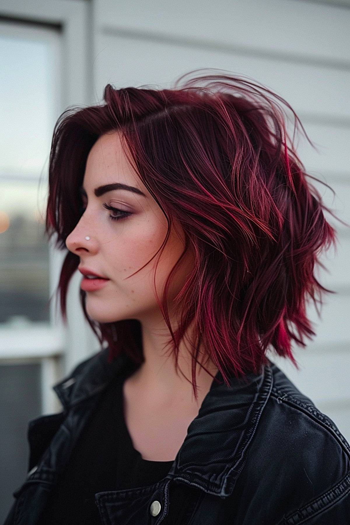 Edgy choppy bob on fine hair with red highlights