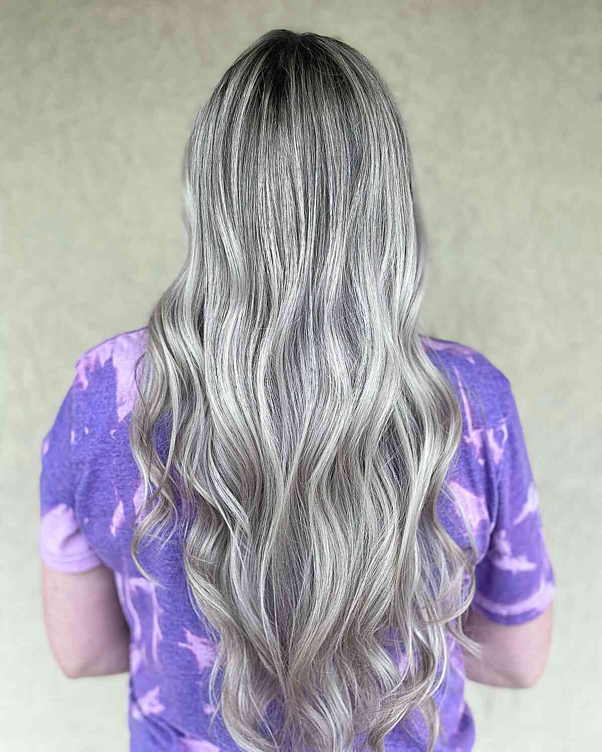 Cool Gray Icy Blonde Balayage Highlights with Root Shadow for Waist-Length Locks