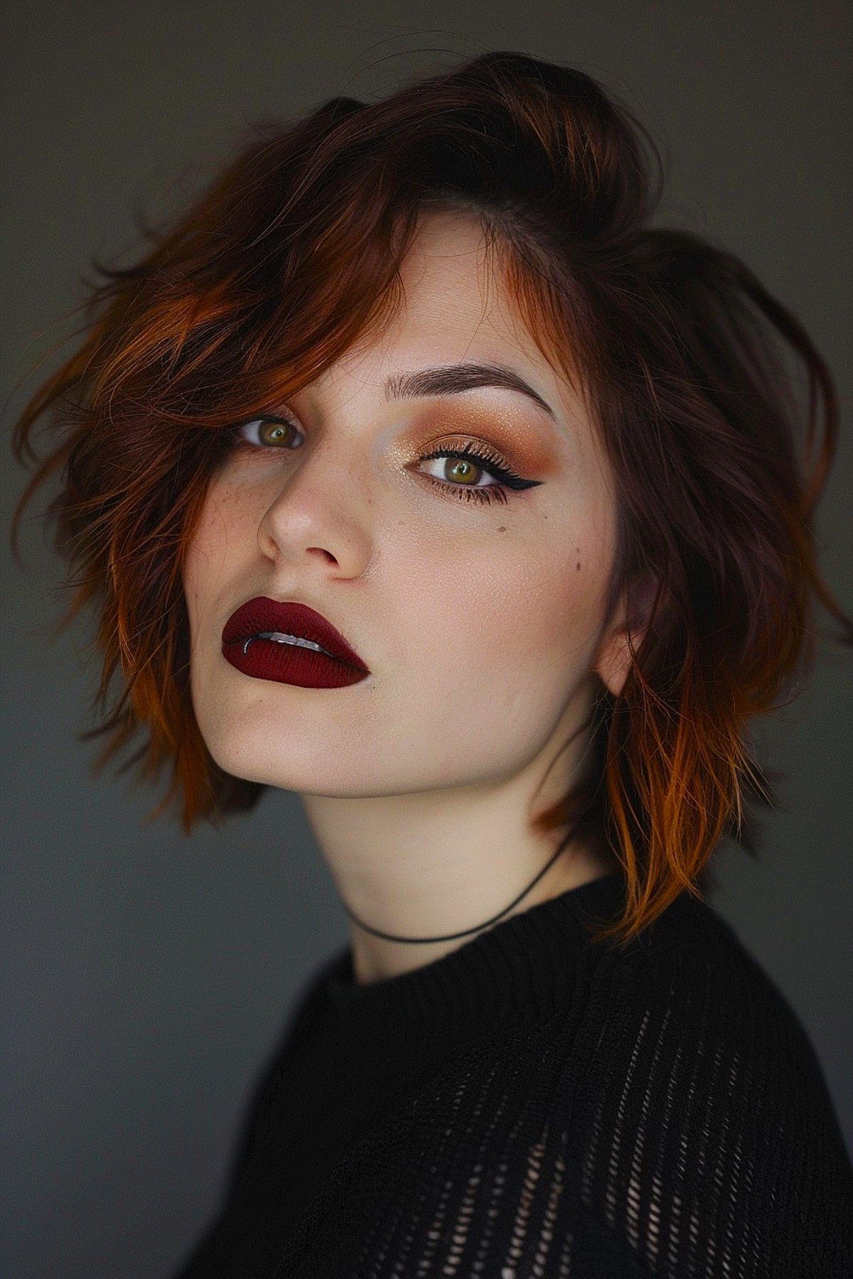 Grunge layered haircut with messy texture and copper highlights