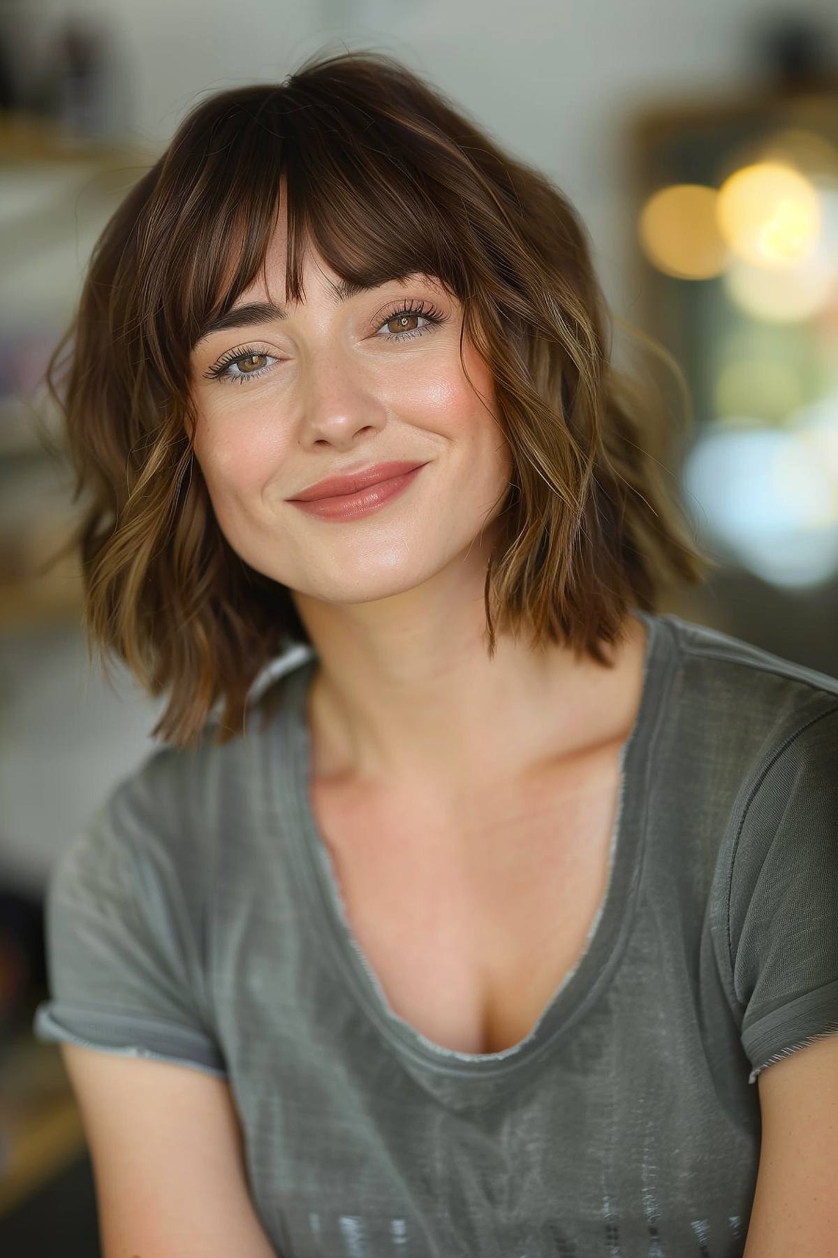 Choppy bob with bangs and waves for thick wavy hair