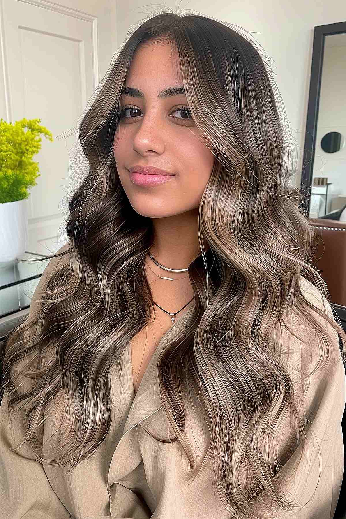 Long, wavy hair colored in a cool-toned icy mushroom brown, providing a chic and modern look while adding volume and texture.