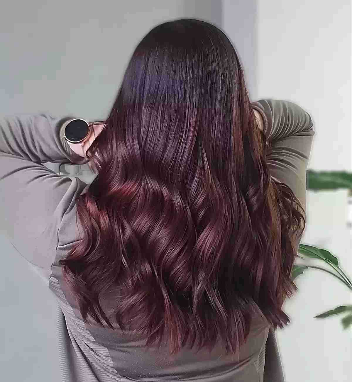 Cool-Toned Mahogany Brunette for Long Haircut and Waves