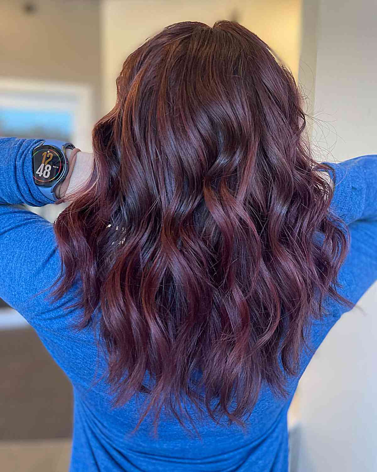 Cool-Toned Maroon Babylights for Medium Layered Hair