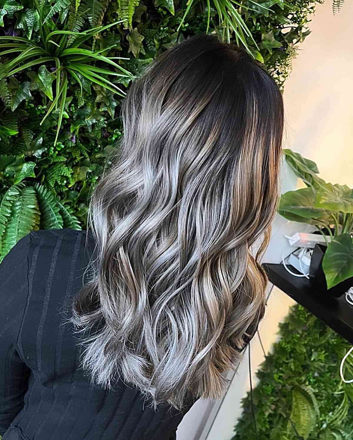 Cool-Toned Silky Grey Balayage Highlights on Medium-Long Dark Hair