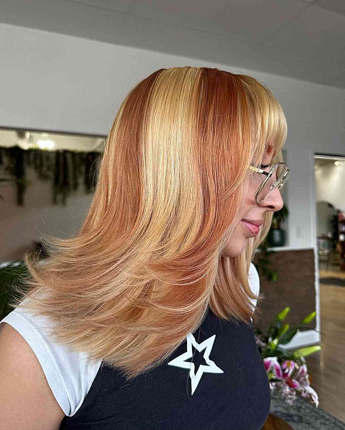 Copper and Blonde Highlights with Y2K Flipped Ends for Medium Hair