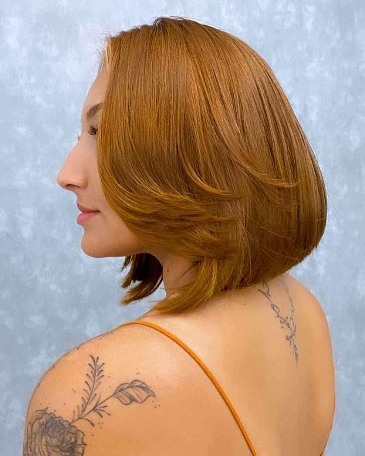 Copper Angled Long Bob with Flipped Layers