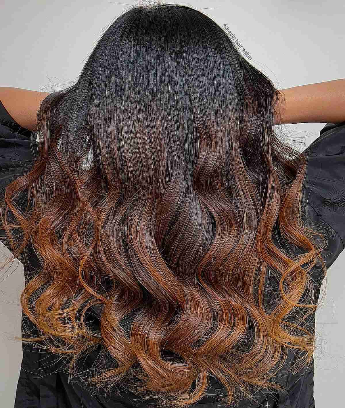 Copper Balayage Brown Highlights on Black Hair