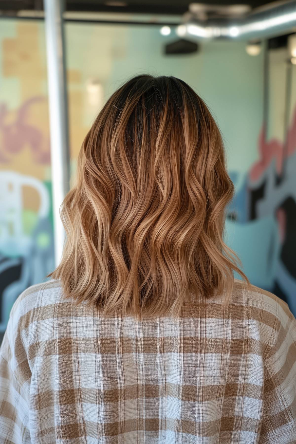 Copper blonde wavy bob hairstyle with dark roots