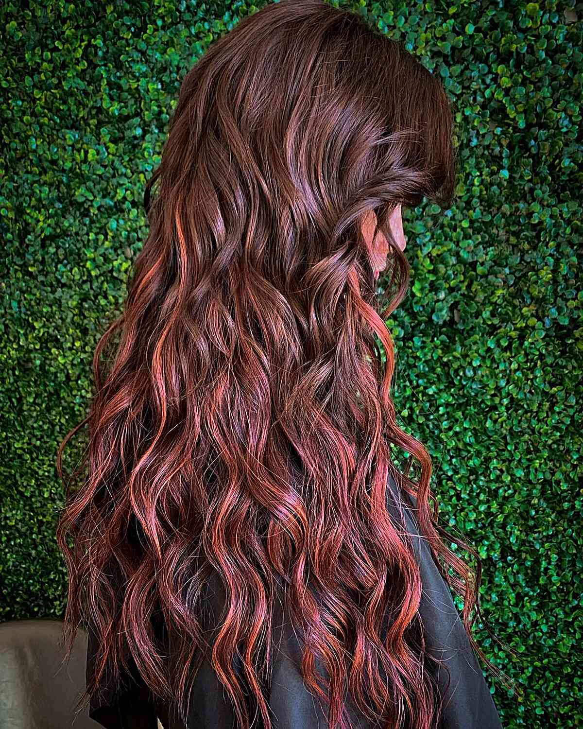 Super Long Copper Brown to Red Balayage Ombre Waves