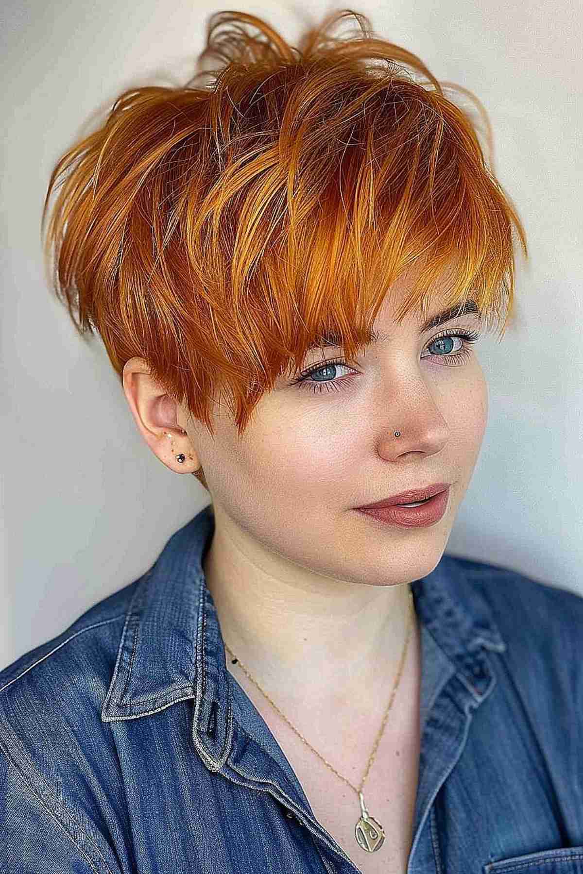 Copper Short Choppy Pixie Cut with Side-Swept Bangs