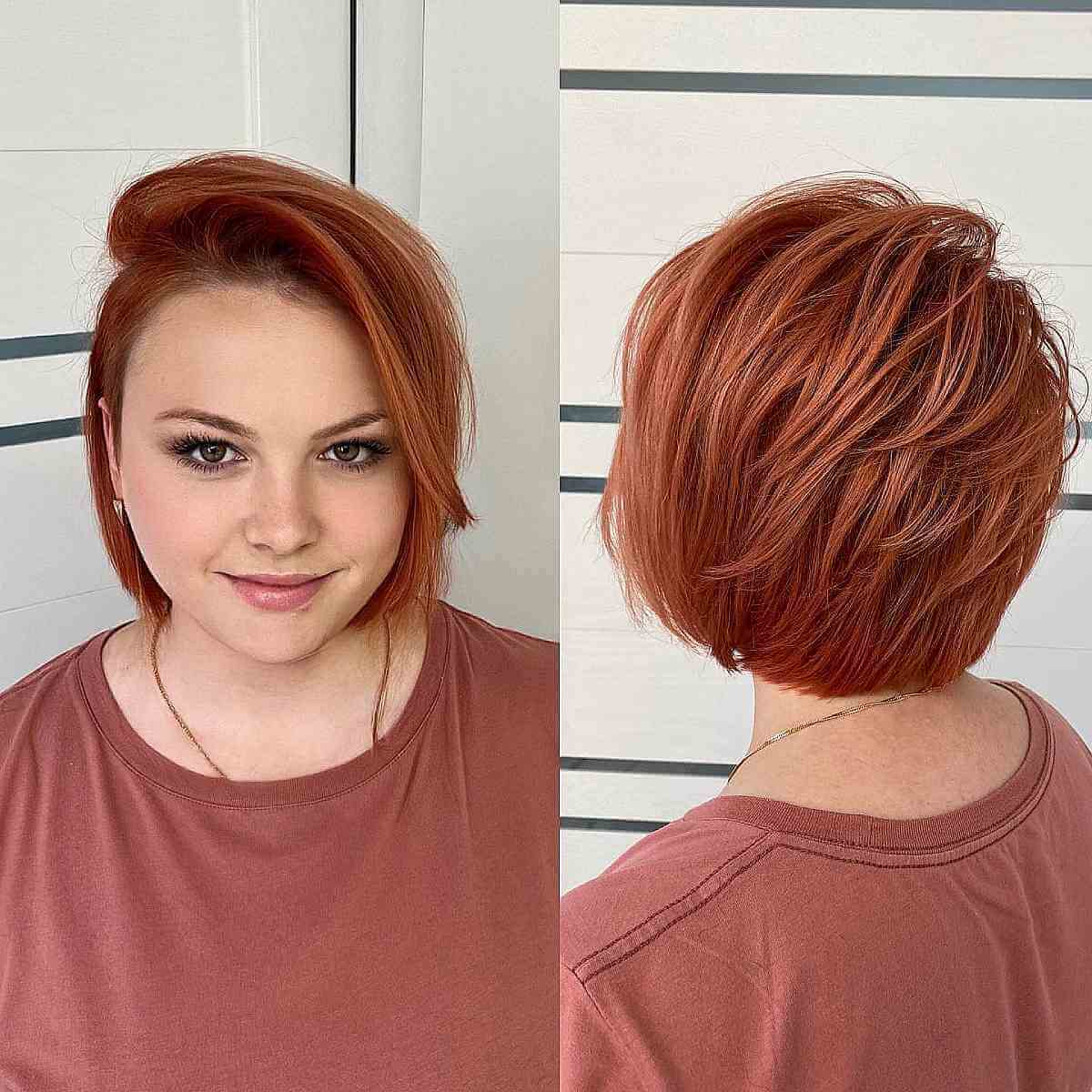 Copper Feathered Layered Bob for Short Thin Hair