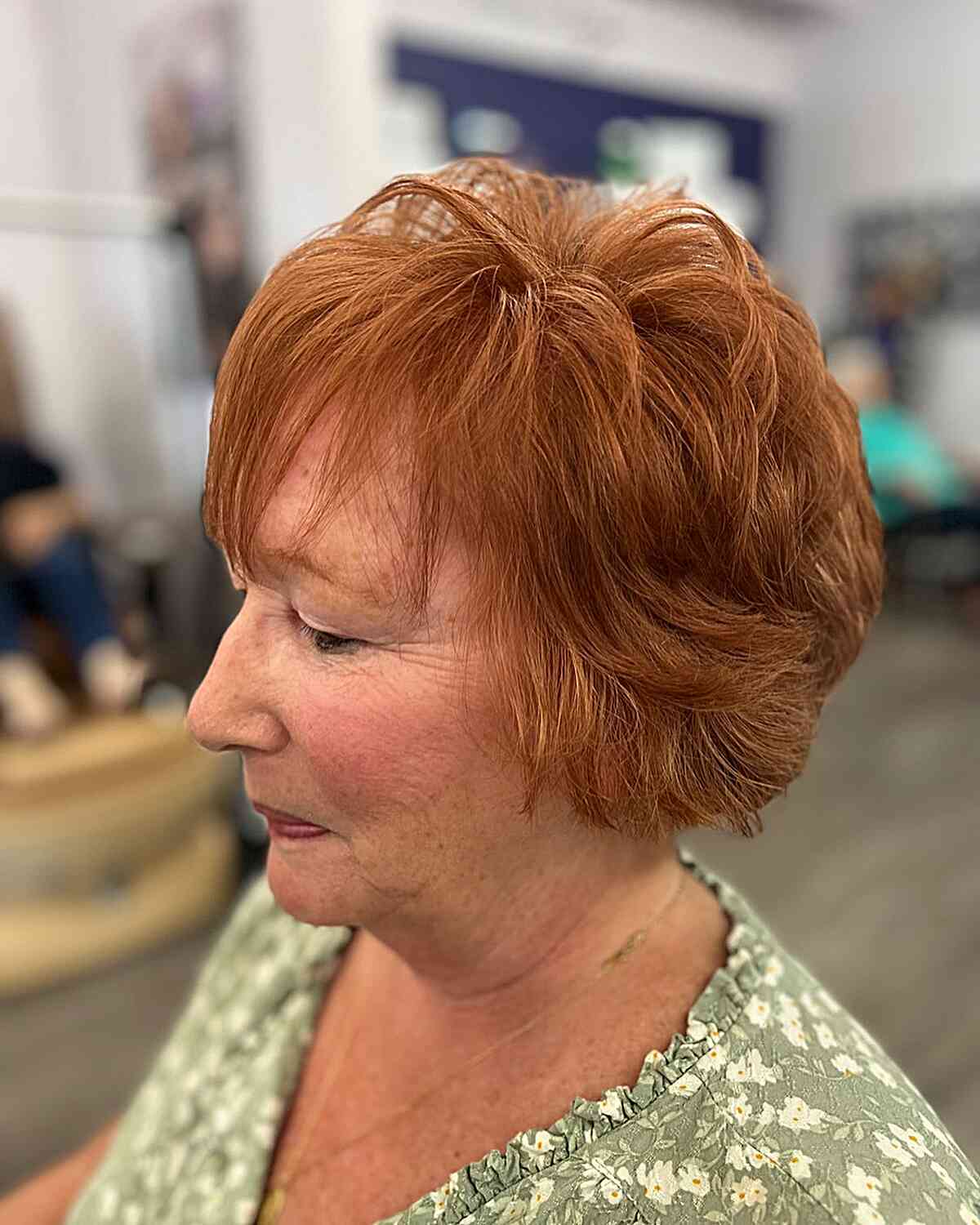 Copper Feathery Pixie with Light Bangs on Plus Sized Seniors Over 60