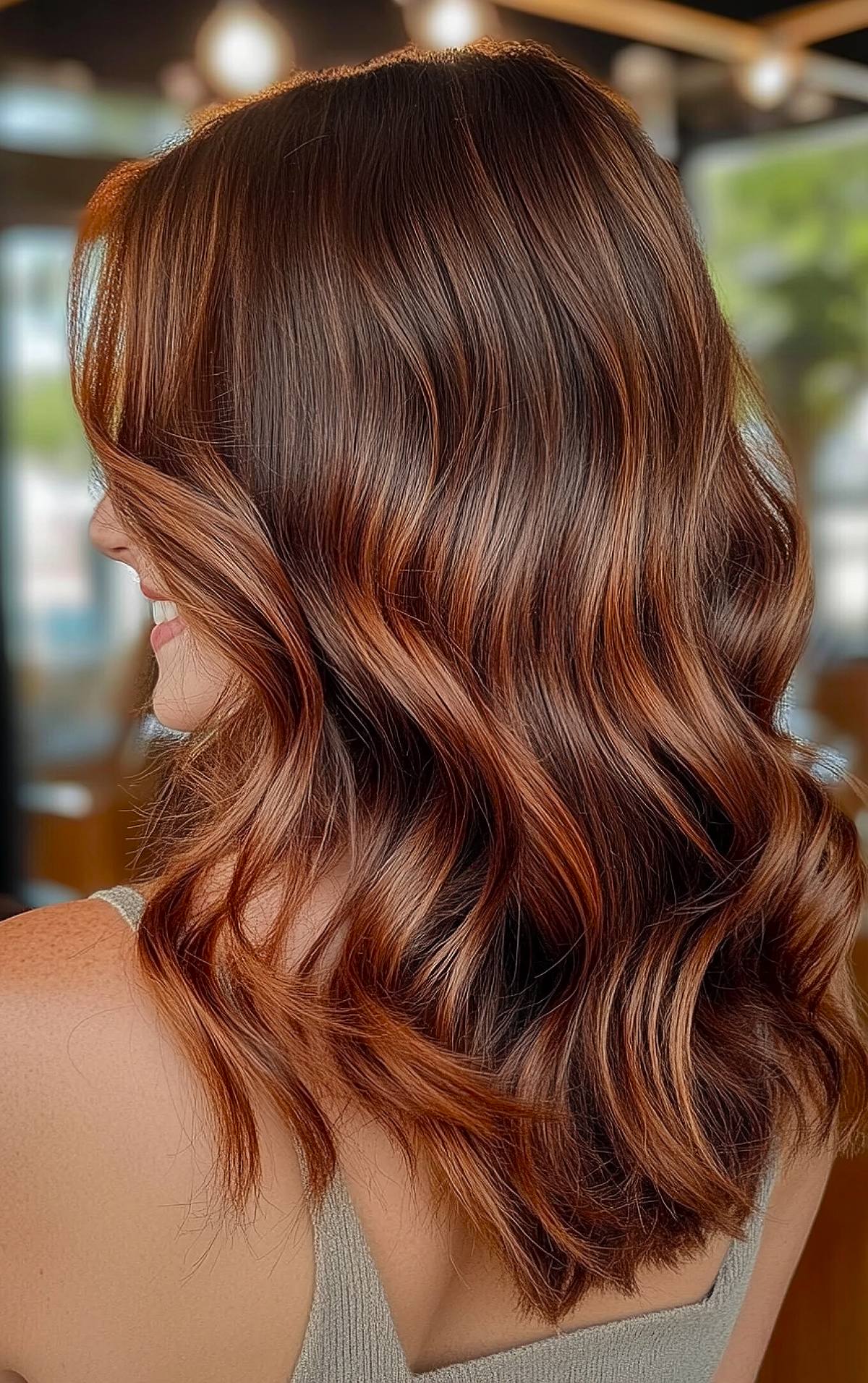 Brown hair with vibrant copper highlights in loose waves