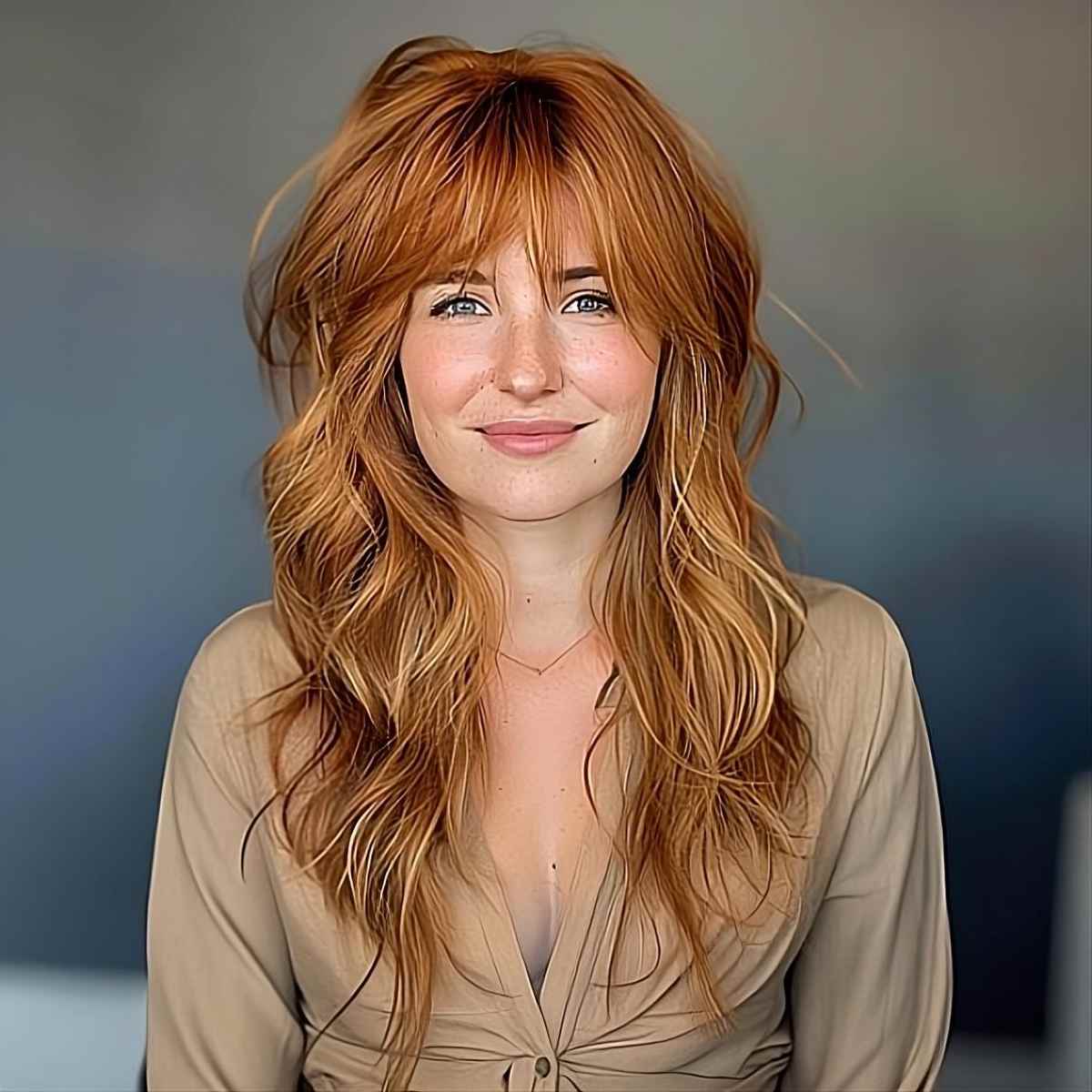 copper long shag with heavy fringe for thick hair