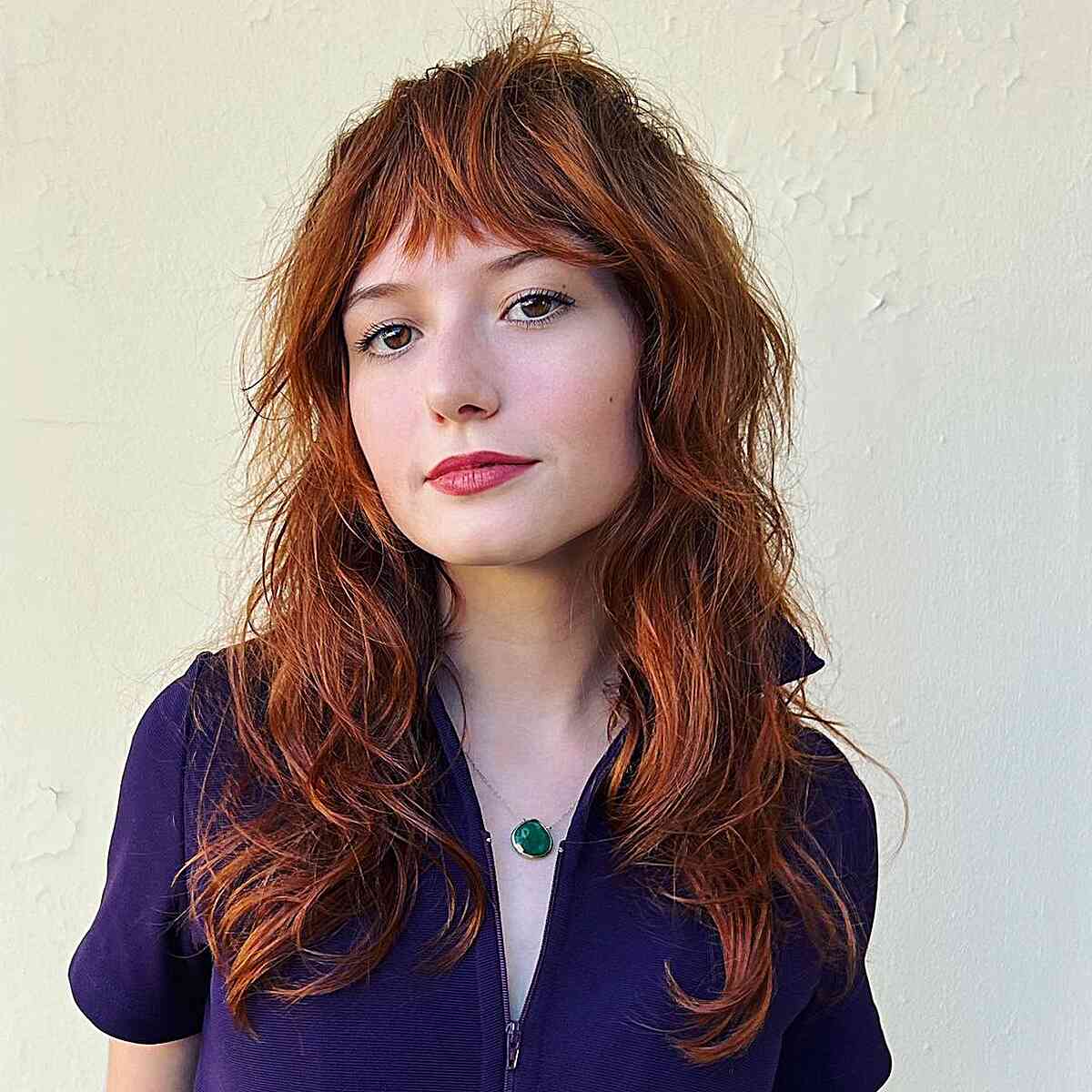 Copper Mid-Length Shaggy Wolf Cut with bangs