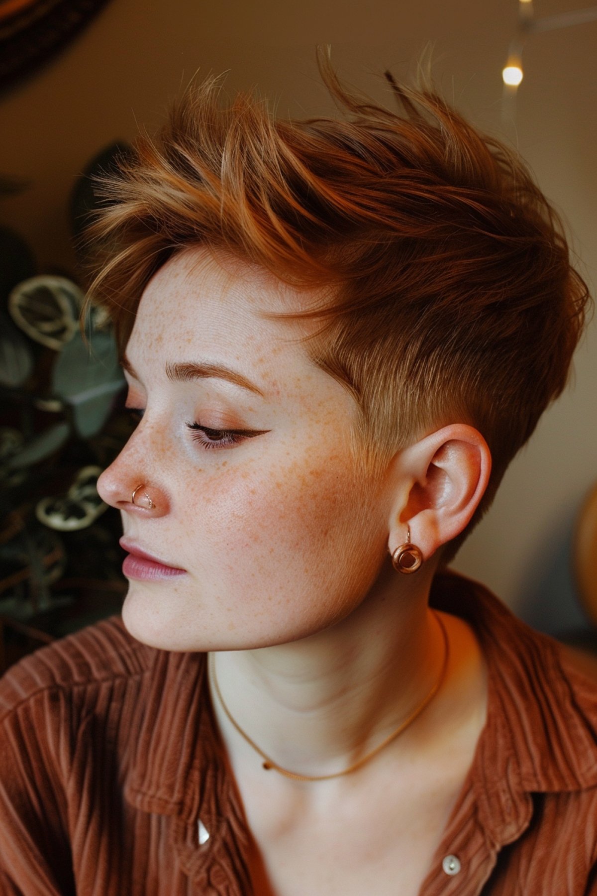Woman with Copper Color Pixie Cut and Side-Swept Fringe