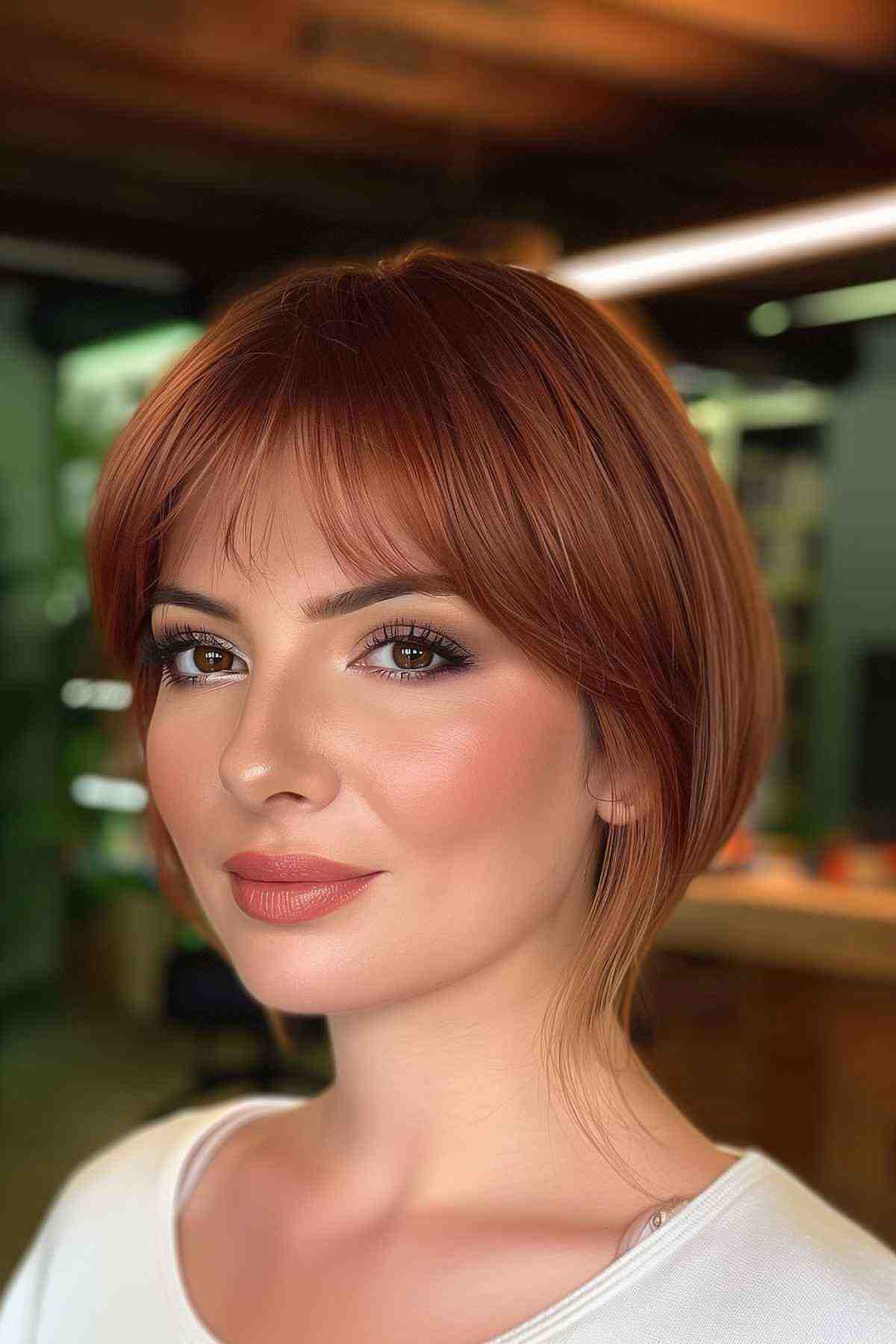 Woman with copper red bob haircut and bangs for round-shaped face