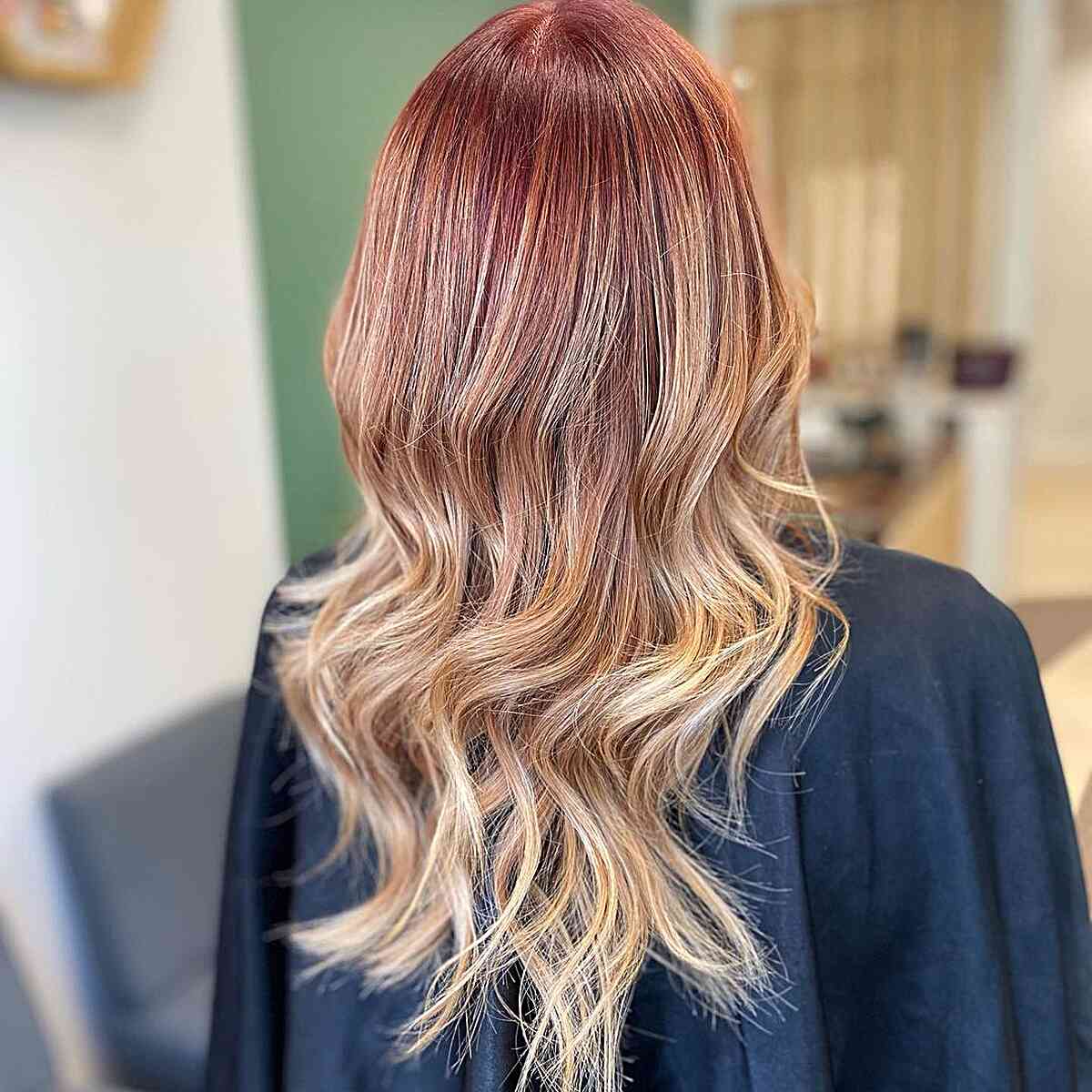 Copper Red to Blonde Highlights Ombre for Medium Wavy Hair
